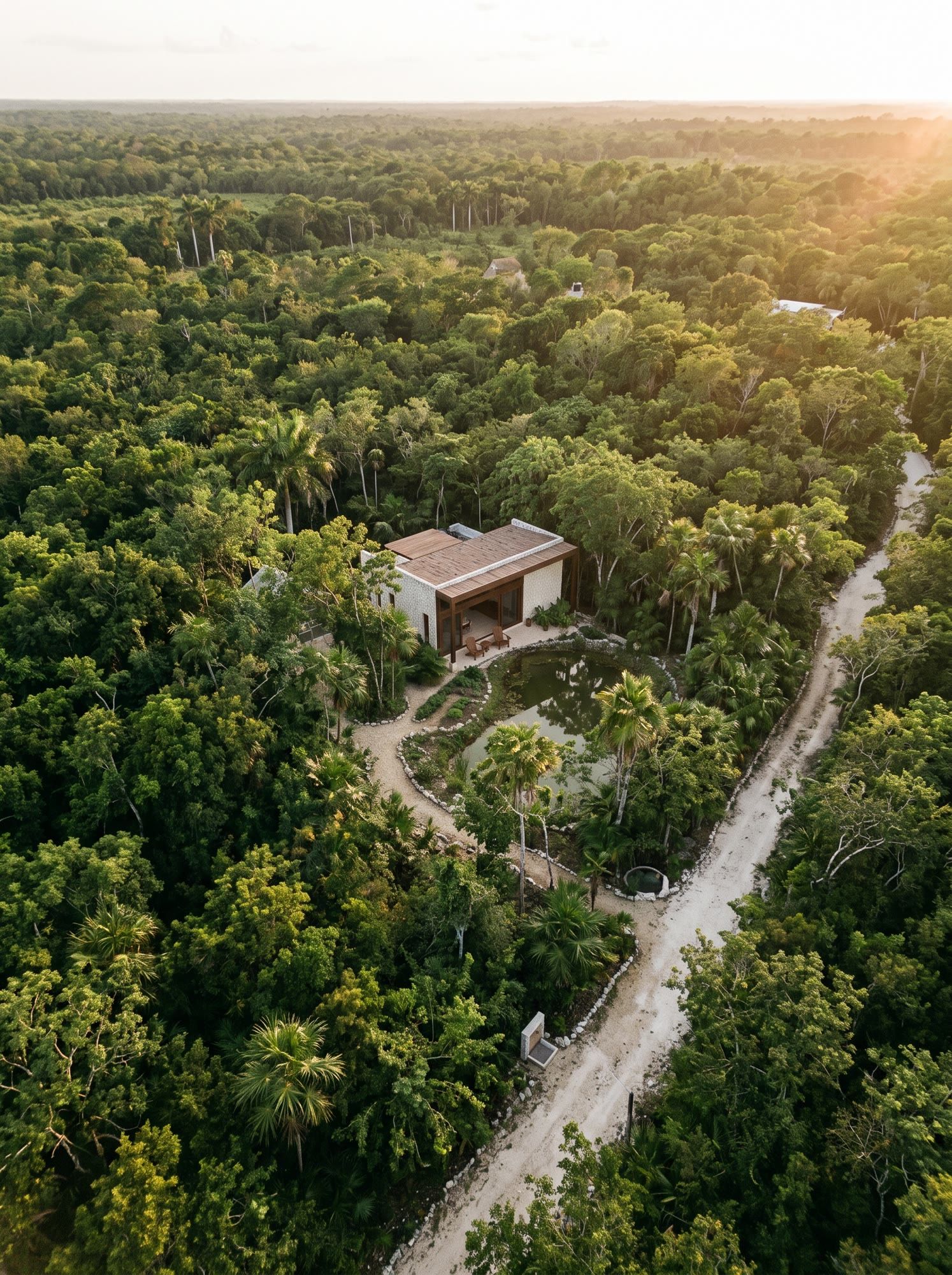 Vista aérea de una casa aislada entre selva densa al atardecer