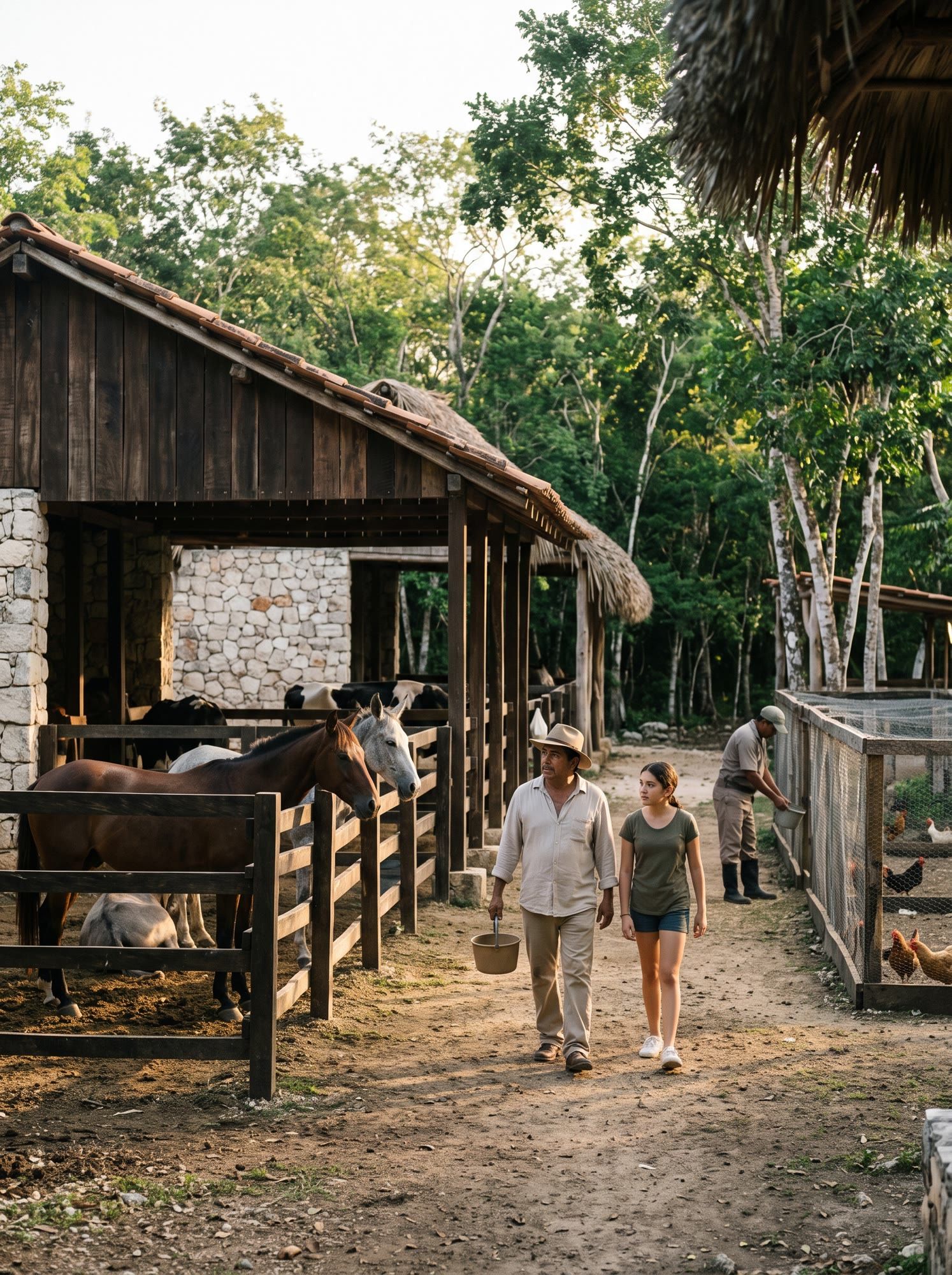 Padre e hija caminan junto a los establos con caballos y vacas