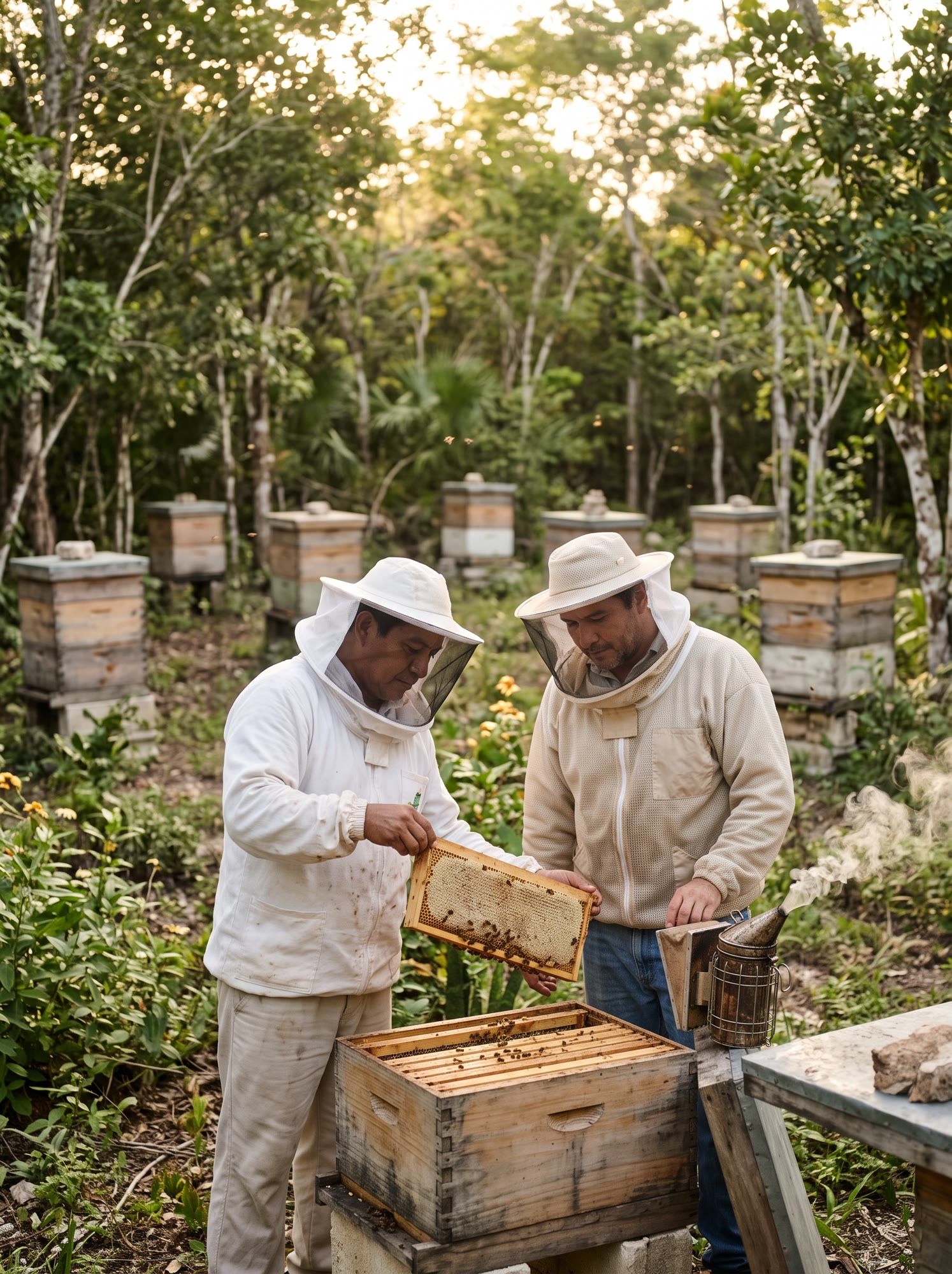 Dos apicultores revisan un panal de miel entre colmenas en la selva