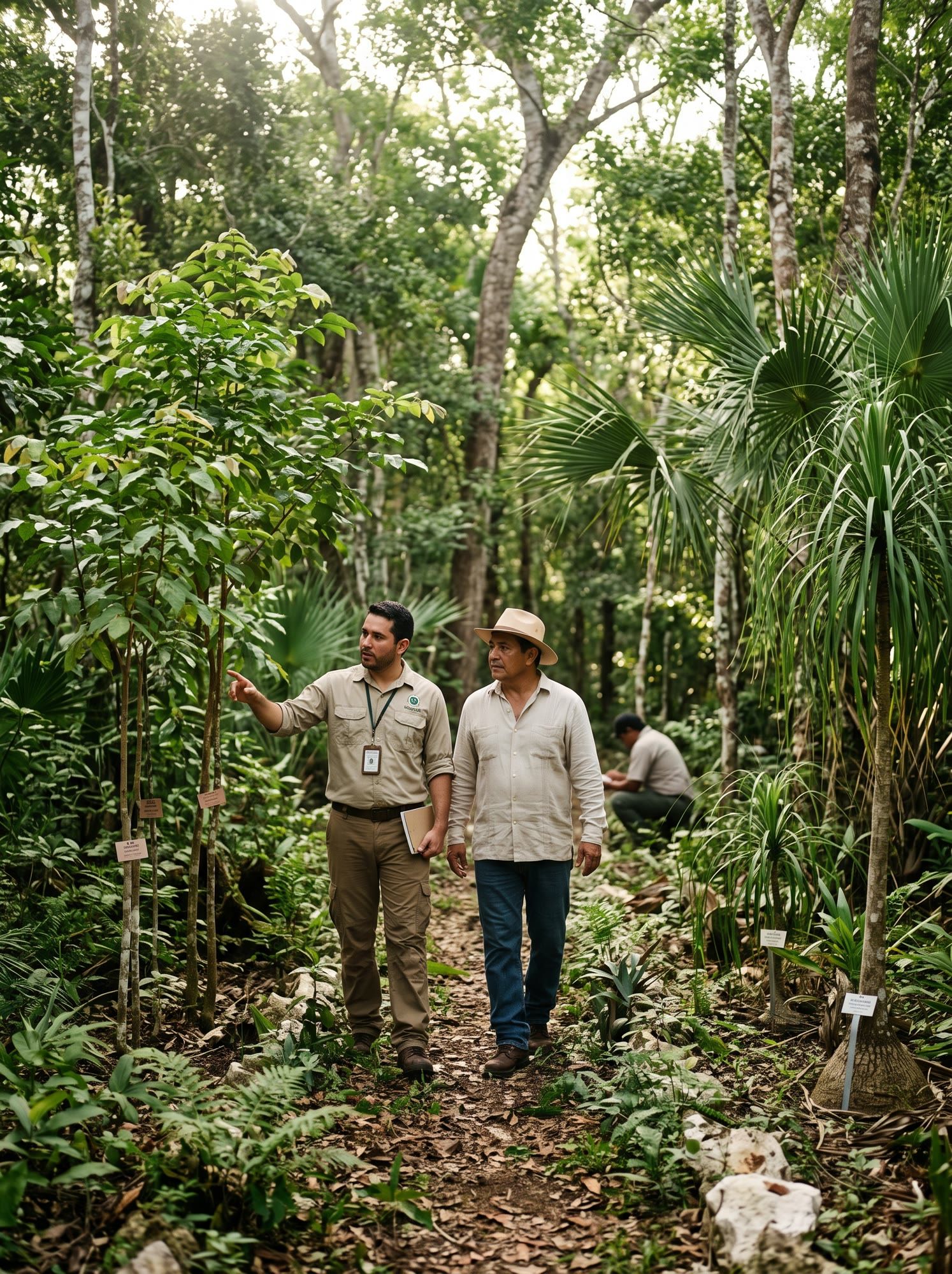Técnico muestra árboles etiquetados de la UMA a un hombre en la selva
